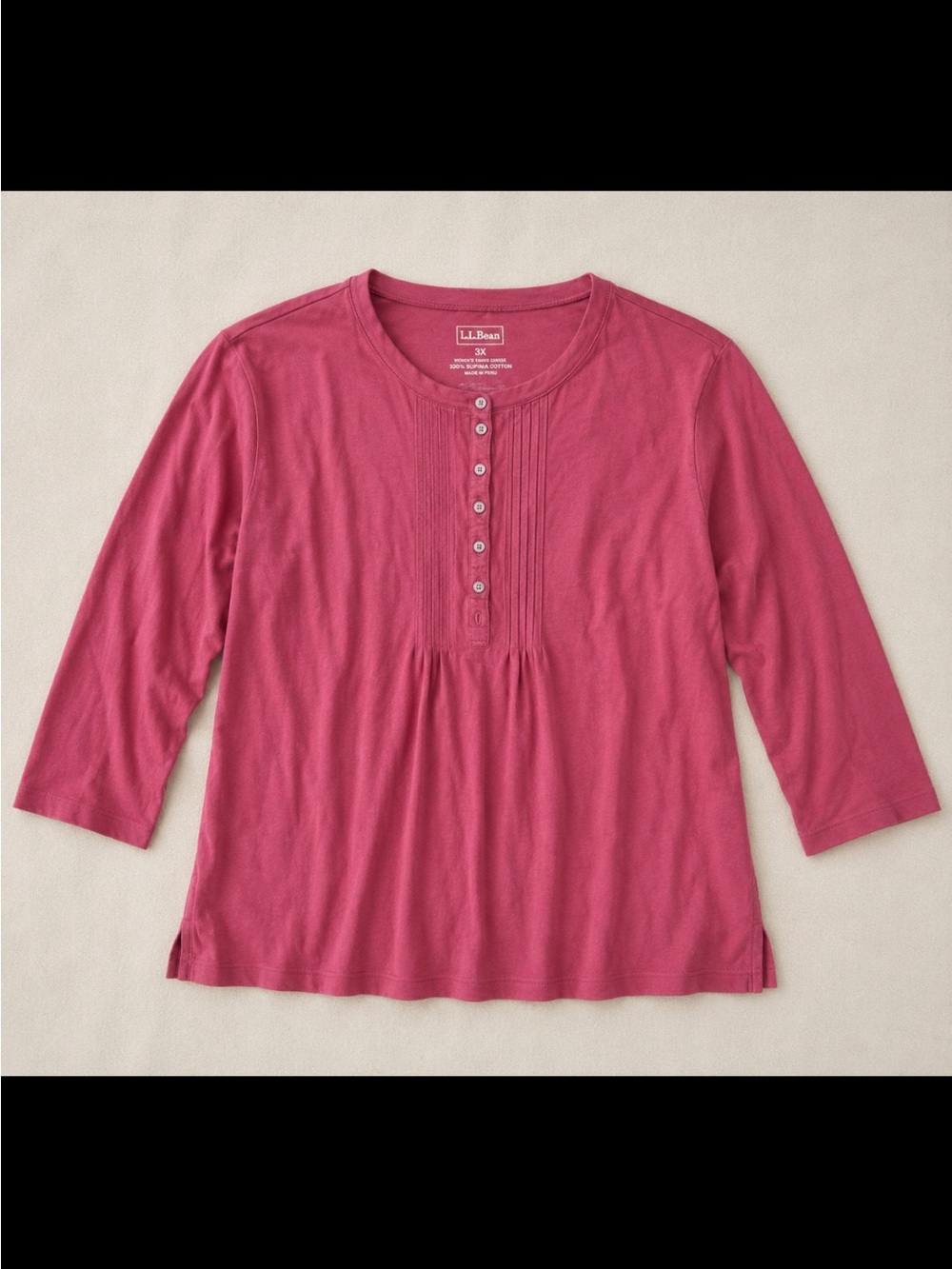 L.L.Bean Supima Cotton Pleated Henley Top Pink 3X Plus Size Casual Shirt Comfort